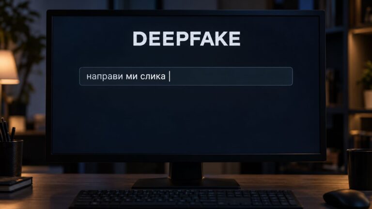 Компјутерски монитор со натпис „DEEPFAKE“ и внесен промпт „направи ми слика“, илустрација за создавање содржини со вештачка интелигенција.