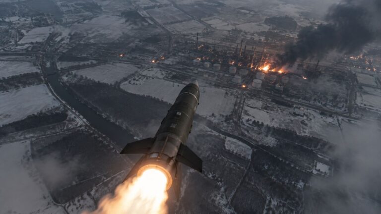 Украинска балистичка ракета FP-7 во лет над зимски пејзаж, насочена кон рафинерија во Русија – илустрација.